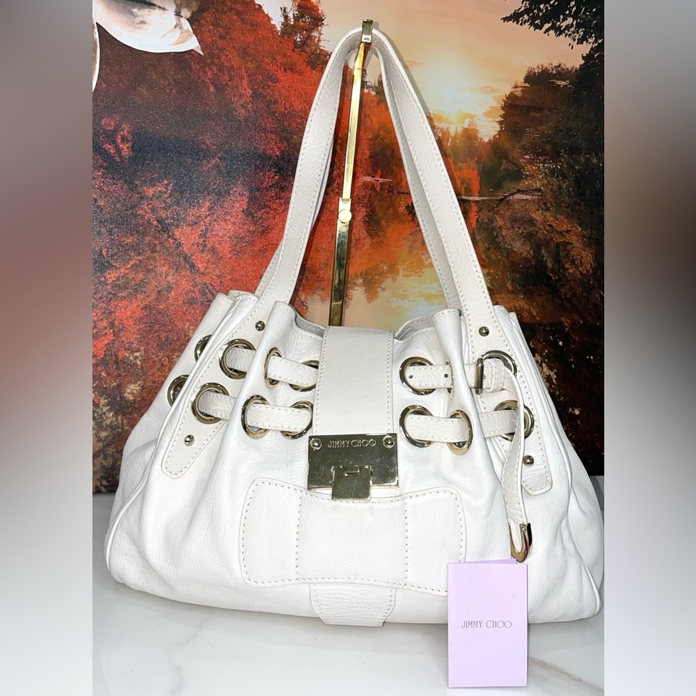 Authentic Jimmy Choo White Ramona Patent Leather Shoulder Bag
